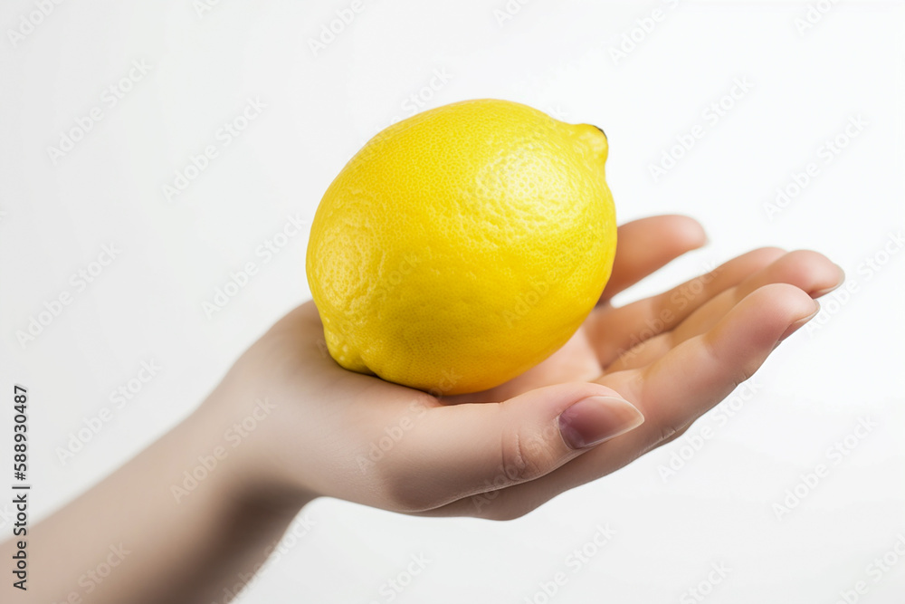 Woman's hand holding a lemon, isolated on white. Generative AI Woman's hand holding a lemon, isolated on white. Generative AI