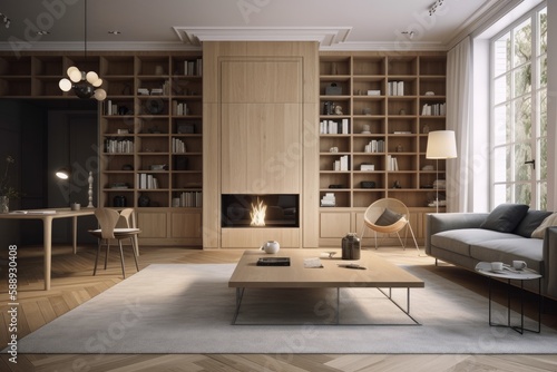 Interior of a living room with a fireplace  coffee table  bookshelves  carpet  and parquet floor made of oak wood. minimalist design principle. a relaxed setting for meetings. Generative AI