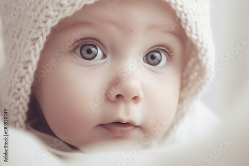 Cute sweet little baby closeup in knitted bonnet. Generative AI