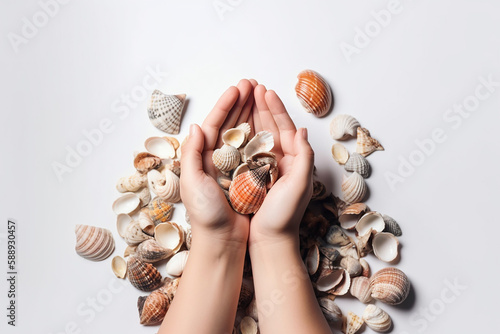 Woman's hands holding seashells. Generative AI photo