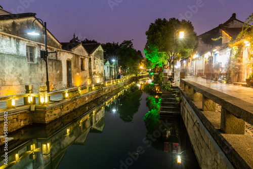 Evening view of a water canal in Suzhou, Jiangsu province, China