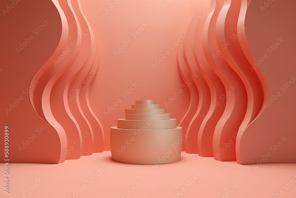 illustration for 3d podium display with wavy shapes abstract minimal product promotion pedestal with copy space empty space for branding pastel coral pink background trendy modern 3d render illustration for 3d podium display with wavy shapes abstract minimal product promotion pedestal with copy space empty space for branding pastel coral pink background trendy modern 3d render