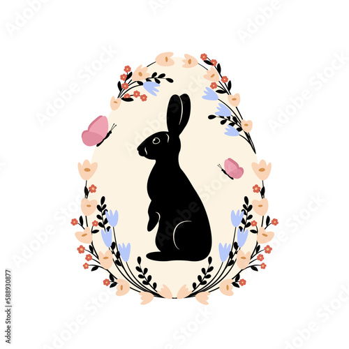 Ozdobna nowoczesna świąteczna kartka Wielkanocna. Uroczy króliczek i motyl. Wzorzyste jajko z zającem i kwiatami. Kolorowy wiosenny minimalistyczny design. Ilustracja wektorowa.