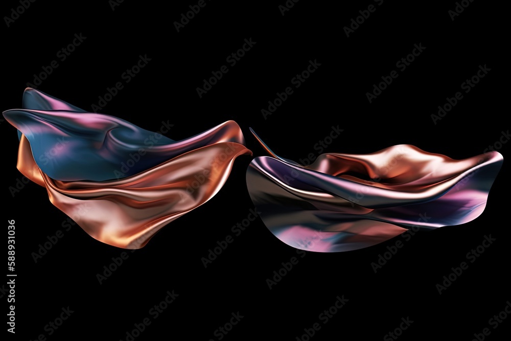 Obraz premium illustration for 3d render abstract metallic gold and violet magic cloth set colorful fabric flying isolated on black background for banner iridescent holographic
