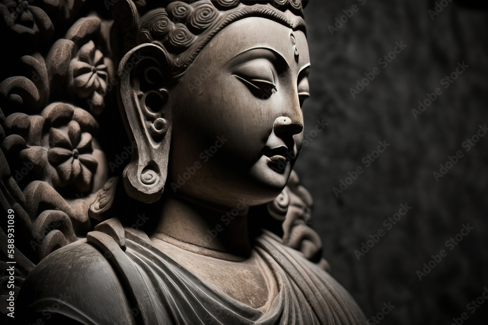 Generative AI. Meditating Buddha Statue on dark background. Soft focus. Close up. Copy space. Generative AI. Meditating Buddha Statue on dark background. Soft focus. Close up. Copy space.