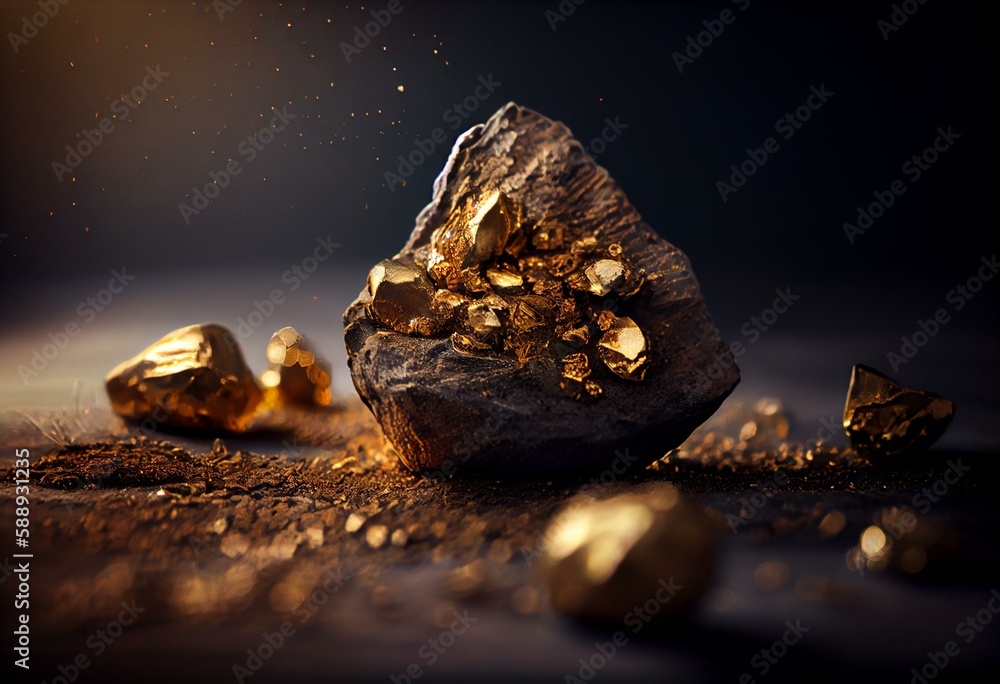 Closeup of big gold nugget with small pices scattered arround. Generative AI - obrazy, fototapety, plakaty 