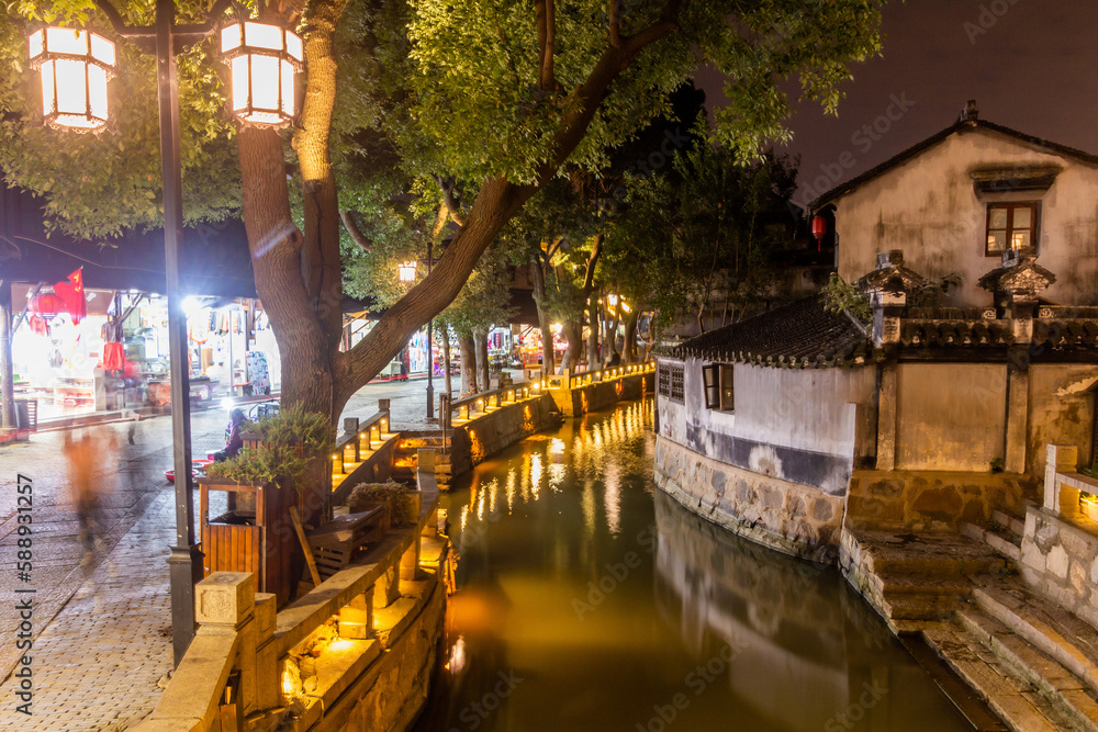 Evening view of a canal in Luzhi water town, Jiangsu province, China