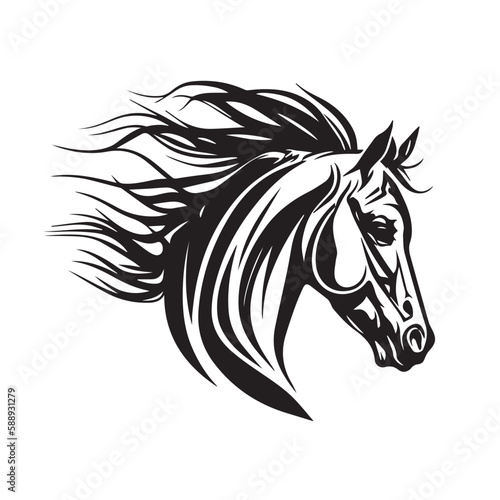 Beautiful head face mascot of horse stallion. black white line art vector illustration