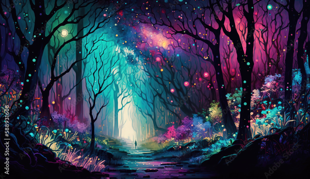 Glimmering Forest with Bioluminescent Trees misty pathway generative ai illustration