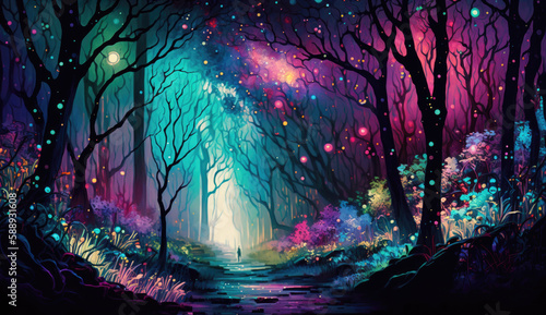 Glimmering Forest with Bioluminescent Trees misty pathway generative ai illustration