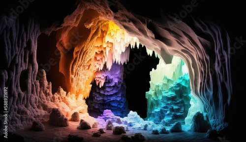 Glowing Cave with Glowing Stalactites Rainbow color Generative ai illustration