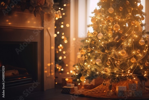 Beautiful Christmas tree in living room, next to adorned fireplace. Generative AI