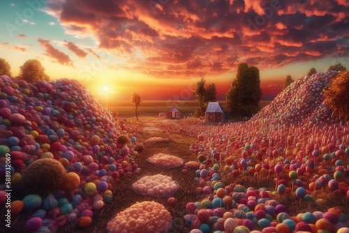 Candyland Landscape Candy Fields Fantasy Pink Cotton Candy Clouds Sunset, Otherworldly, Dreamcore, Dreamland, Fantasy, Generative AI Illustrations