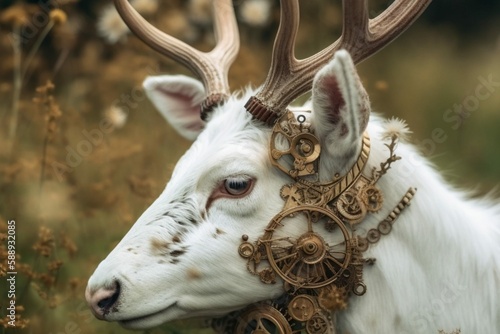 Mystical Albino Fantasy Steampunk Deer , White, Gold, gears, steam punk art, Buck, Deer, Steampunk deer, steampunk animal, steam punk, albino, albino animal, fantasy, art, animal, wildlife, wild mamma