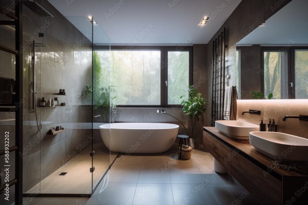 a bathroom in a house, seen from inside. Generative AI a bathroom in a house, seen from inside. Generative AI