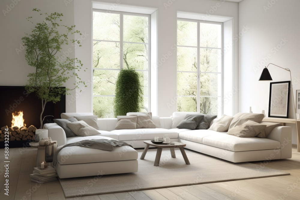 Fototapeta premium Stylish living room furnishings include a white couch with cushions and a modern fireplace. Generative AI