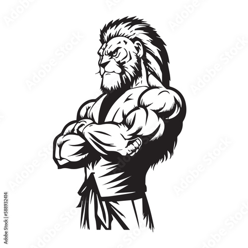 Mascot of cool angry lion king wearing formal suit. black white line art vector illustration
