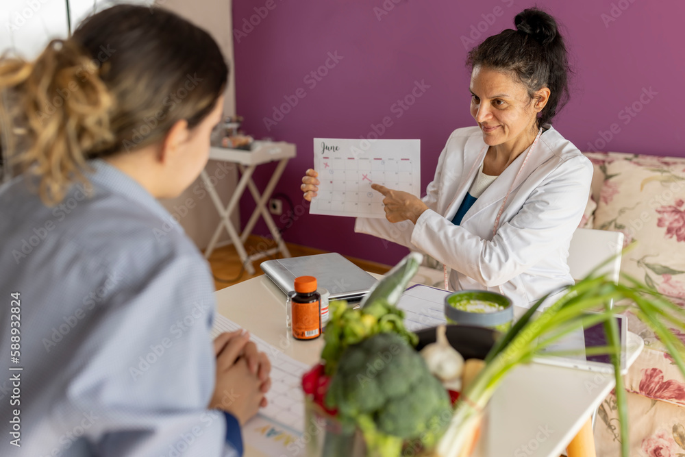 Doctor, nutritionist talking to client about health problems and importance of eating healthy food. Making individual diet plan for teen girl. Dieting, healthy eating, slimming and weight loss concept Doctor, nutritionist talking to client about health problems and importance of eating healthy food. Making individual diet plan for teen girl. Dieting, healthy eating, slimming and weight loss concept