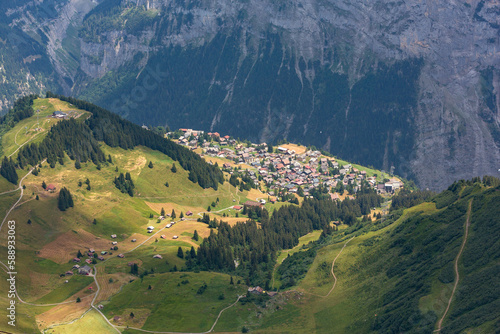 View of Murren and the cable car run from the top of the Schilthorn mountain in Switzerland