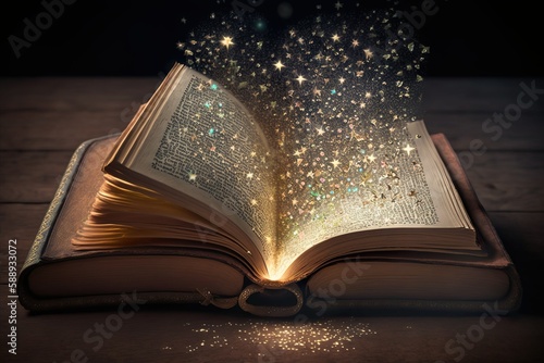 image of an open magical antique book on wooden table with a glitter overlay and star magic 