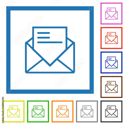 Open mail with letter outline flat framed icons