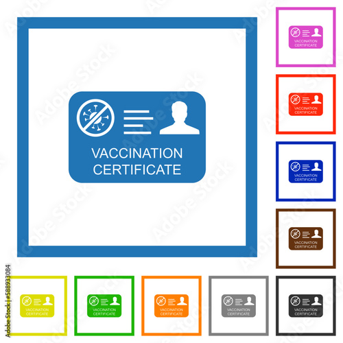 Vaccination certificate flat framed icons