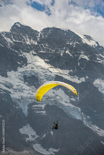 Paraglider in the Swiss Alps, captured from Murren in Switzerland