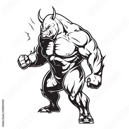 Wallpaper Mural Mascot of cool angry bull buffalo devil human muscular body. black white line art vector illustration Torontodigital.ca