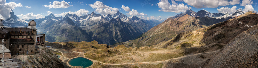 View of the Matterhorn mountain and hiking trail down from the top of the Gornergrat in Switzerland