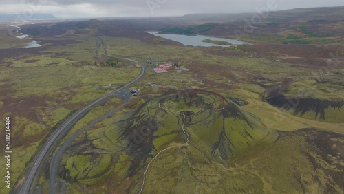 Aerial view of Grabrok volcanic mountain in the Highlands region of Western Region, Iceland. photo