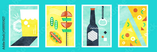 ビールとおつまみの水彩イラスト 夏のレトロポップなカードセット（昼）