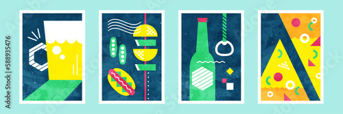 ビールとおつまみの水彩イラスト 夏のレトロポップなカードセット（夜）