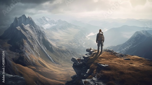 Hiker standing on top of mountain peak looking at view created with Generative AI