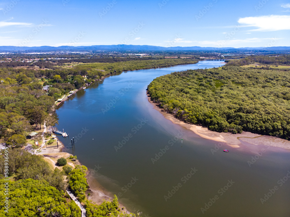 Beautiful famous Tinchi Tamba Wetlands, Bald Hills seeing from above, spectacular wide river. Drone shot, Brisbane, Queensland, Australia. 