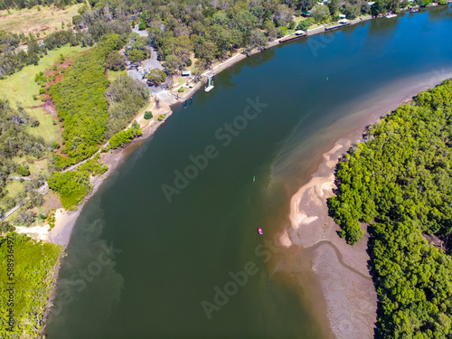 Beautiful famous Tinchi Tamba Wetlands, Bald Hills seeing from above, spectacular wide river. Drone shot, Brisbane, Queensland, Australia. 