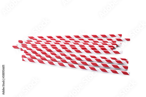 Striped paper cocktail straws on white background