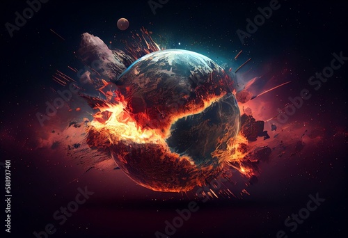 Tableau sur toile A spectacular illustration of a planet Earth exploding from within for an explosive end of the universe