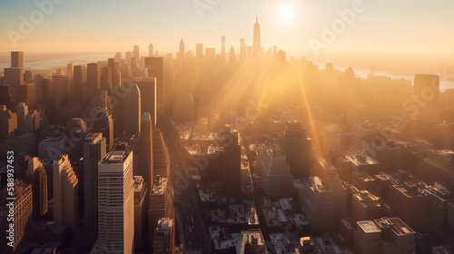 New York City city scraper tall buildings sunlight high angle view Beautiful view midtown Manhattan, Generative AI ,illustration 