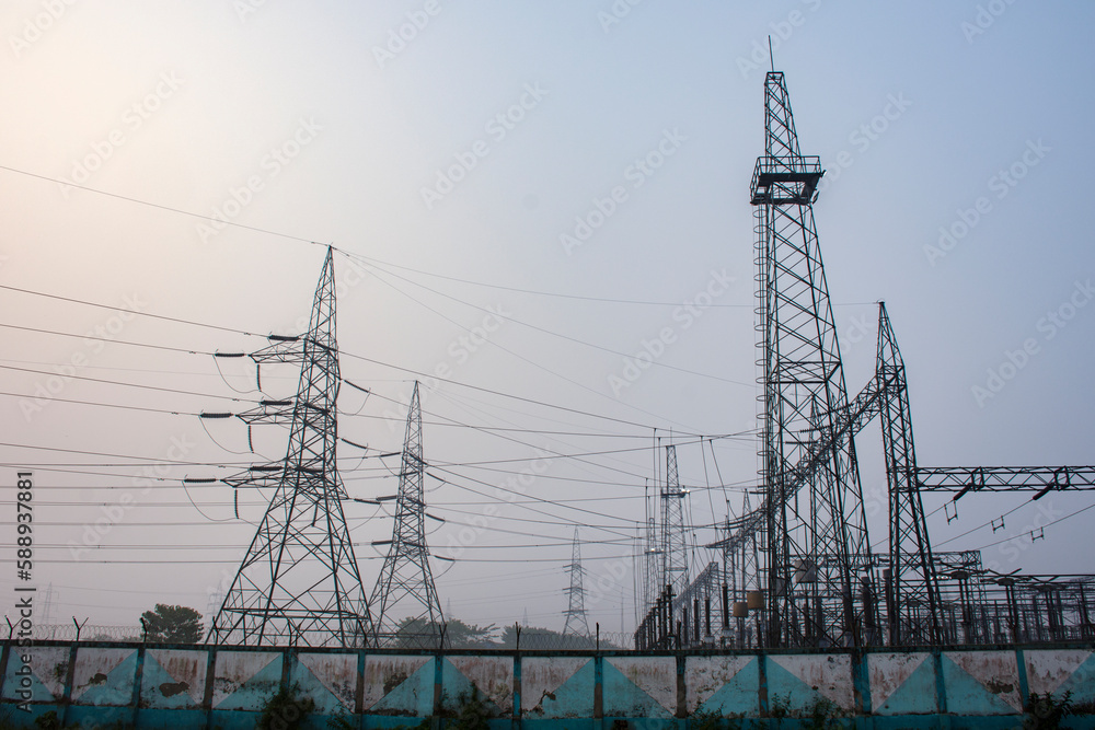 A high voltage post, High voltage electric transmission tower, also known as electricity pylon.