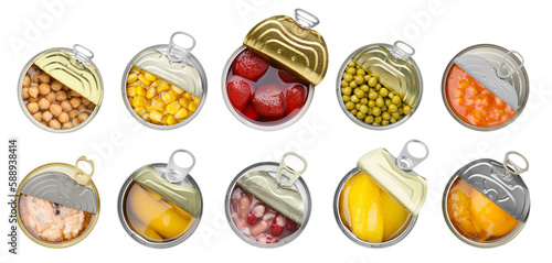 Set of metal cans with different food on white background, top view