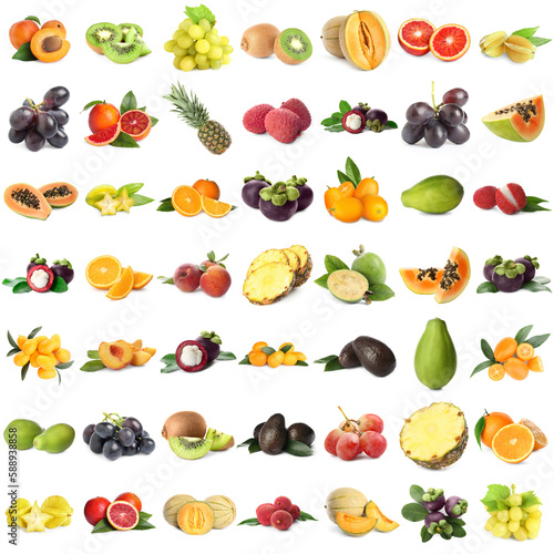 Collage of different fresh fruits on white background