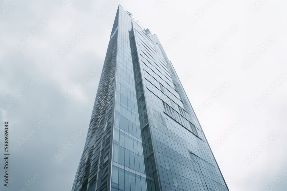 skyscraper towering against a blue sky backdrop. Generative AI