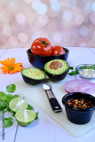Food, Avocado and ingredients to prepare fresh Guacamole appetizer