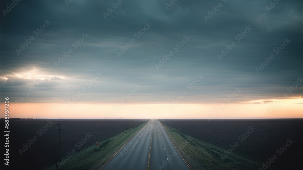Sunset over the highway. Generative AI