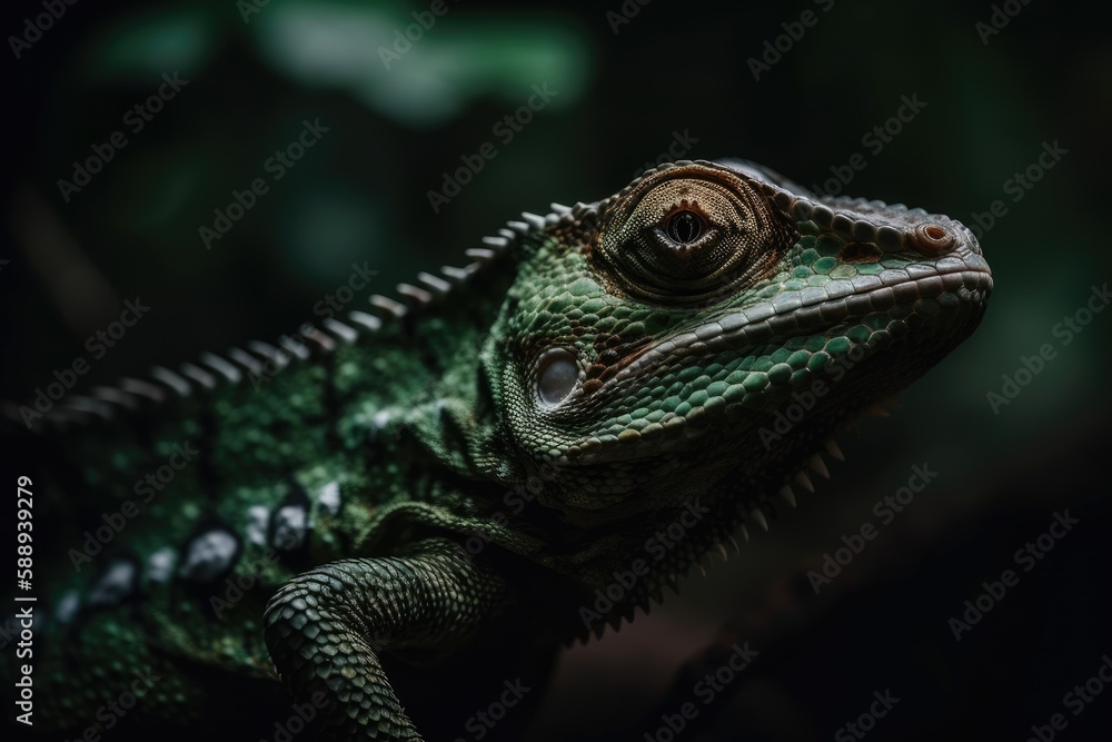 close-up of a lizard with green and black scales. Generative AI