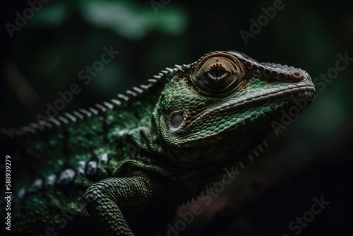 close-up of a lizard with green and black scales. Generative AI