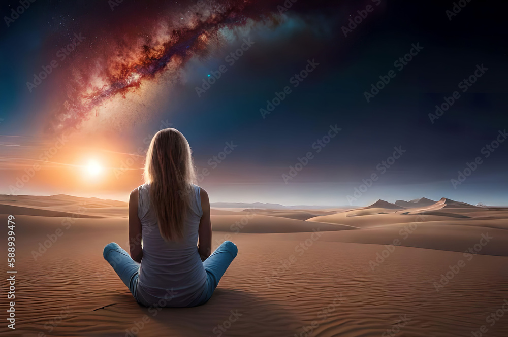 Young girl looking at a sun on a sky of an alien desert planet. Fictional dreamy landscape and character.  Generative AI
