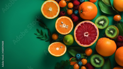 Vibrant flat lay background image with fruits and berries. Healthy eating concept with copy space.