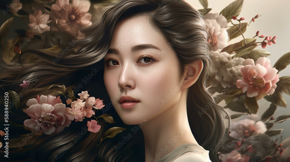 花と女性の美容イメージ（コスメ・エステ・髪の毛・美容室・ヘアケア・Generative AI）
