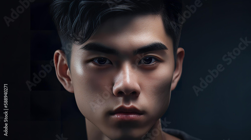 黒バックの中で真剣な表情のアジア人男性（Generative AI） 